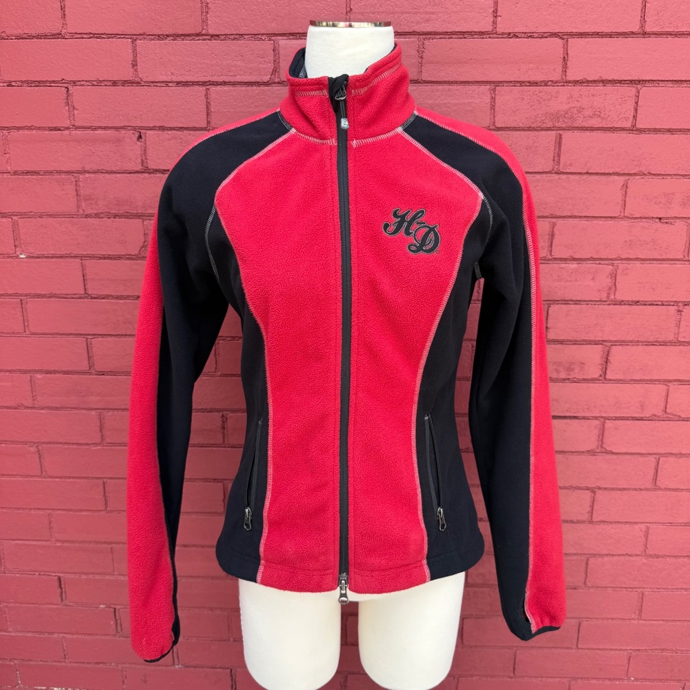 Harley‎ Davidson Fleece Jacket Womens XS Red Black Full Zip Skull Logo Windproof